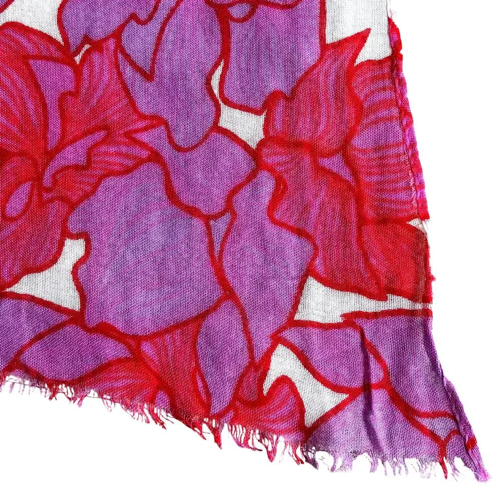 Summer weight soft rayon woven scarf pink & white floral flowers casual wrap